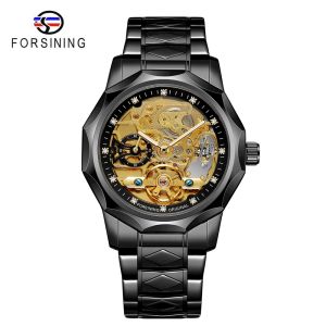 Forsining automatic watch fashion luxury stainless steel mens mechanical hollow watch diamond decoration dial man clock. Gifts for men