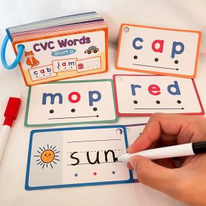 Montessori CVC Cards 60PCS - Wipe Clean Phonics Flash Cards with Marker Early Reading Games for Preschoolers 3-5 - Kindergarten Spelling Learning Tools