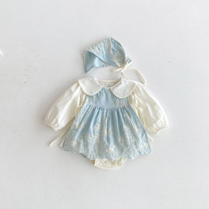 New Spring Autumn Baby Girl Bodysuit Lace Embroidery Long Sleeve Peter Pan Collar Newborn Jumpsuit with Cap Infant Outfit A53012026