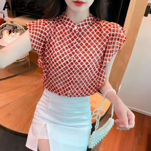 AFEG new Korean version fashion loose and versatile temperament plaid chiffon short-sleeved blouse for women