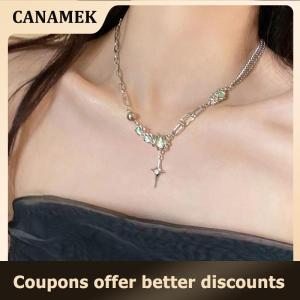 【 CANAMEK 】 Trendy Bling Moonstone Star Cross Pendant Necklace For Women Punk Hip Hop Crystal Necklace Party Y2K Jewelry Gift