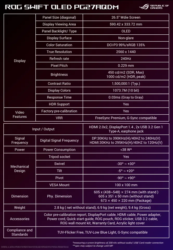 ASUS ROG Swift 27”1440P OLED DSC Gaming Monitor (PG27AQDM) - QHD  (2560x1440), 240Hz, 0.03ms, G-SYNC Compatible, Anti-Glare Micro-Texture  Coating, 99%