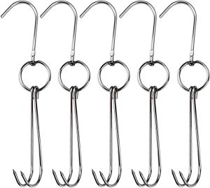 5Pcs Stainless Steel Roast Duck Hooks Double Meat Hanging Hooks for Poultry Fish Bacon Butchering and Cooking Tools 9.44 Inch