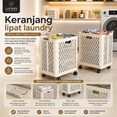 Keranjang Laundry Lipat Beroda Multifungsi Wadah Baju Kotor Slim Design Aesthetic