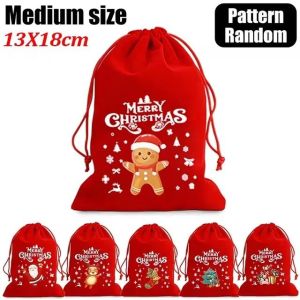 20Pcs Merry Christmas Red Velvet Bag Santa Claus Elk Printing Drawstring Pouch Xmas Festivals Gift Bag Jewelry Packaging Bags for Christmas New Year Decoration