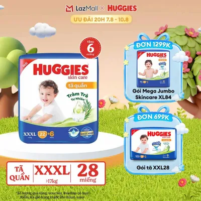 [20h 7-10.8 GIẢM THÊM 90K] [Tặng 6 miếng] Tã/bỉm quần Huggies Skin Care Super Jumbo XXXL22+6 miếng với tràm trà dịu da