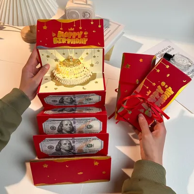 TCBSC8183 3D Pop-Up Birthday Red Envelope Greeting Card 6 Card Slots Foldable Years Money Red Envelope Creative Gold Musical Light Greeting Card Surprise Gift