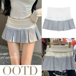 STR  พร้อมส่ง🍋กระโปรงสั้น กระโปรงมินิ แต่งลูกไม้ ติดโปว์ ทรงเอ ทรงรัดรูป มีซับใน สีพื้น ผ้ายืด สุดฮิด Y2K แฟชั่นผู้หญิง