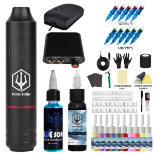 POSEIDON Tattoo Machine Set Tattoo Machine Pen Type with 10pcs Cartridge Tattoo Needles Tattoo Ink Power Supply Tattoo Rotary Tattoo Machine Tattoo Accesories Supply Tattoo Supplies