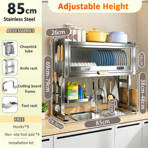 Veckle Stainless Steel Over Sink Dish Cabinet Rack with Cover Adjustable Height Dustproof Kitchen Plates Organizer