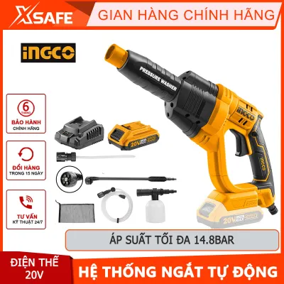 Máy xịt rửa áp lực CPWLI2008 Ingco dùng pin Lithium 20V Áp suất tối đa: 24.8Bar Lưu lượng nước: 2.2L/phút Kèm 1 thanh xịt vòi 1 ống nước 6m với khớp nối nhanh 1 đầu nối tự hút 1 bình xà phòng và 1 túi xáchchính hãngxsafe