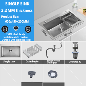 【Ready Stock】CHUANGCHAO kitchen sink stainless complete set，sink stainless for kitchen，80x45x20cm 304 stainless steel 2.2mm thickness high quality high quality kitchen thickened double basin sink 3 sizes available (silver)