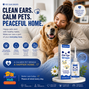 Pet Ear Drops for Dogs & Cats | Ear Cleaner Solution | Relieves Ear Itching Odour Wax Build-Up | Gentle Daily Ear Care | Pet Ear Infection Support | 60ml