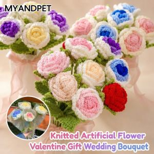 Knitted Artificial Rose Tulip Bouquet Wedding Bridal Valentine Gift Home Romantic Flower Decor