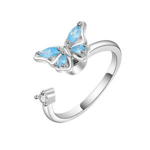 Kemstone Blue Crystal Butterfly Rotatable Ring for Womens Adjustable Opening Fashion Jewelry