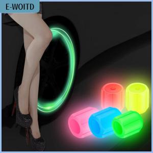 【E-WOITD】 4pcs Universal Fluorescent Luminous Tire Valve Stem Covers Car Tire Valve Cap Green Yellow Blue Red Fluorescent Powder