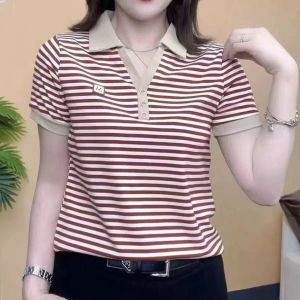 Womens Summer New Striped Collection Cuffs V-neck Short Sleeve Collar New Fashionable Loose Casual Sports Wild Large Size T-shirt for Women