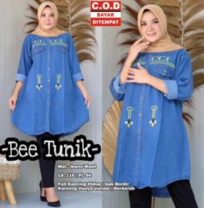 Bee Tunik - Atasan tunik jeans - Kemeja Jeans kasual - Pakaian Jeans - Tunik motif Bordir ori