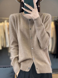 Womens Cardigan 100% Mink Cashmere SweaterO-Neck Long Sleeve TopPlus-Size LooseSpring and Autumn Soft Knitted Jacket Female