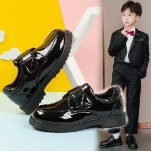 Fashion Glossy black shoes for boys School shoes 2025 New Formal Shoe Velcro Waterproof for kids