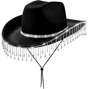 AETHERISY Glitter Western Cowboy Hat Wide Brim Shiny Rhinestone Tassels Jazz Hat Casual Cap Top Hat Ladies