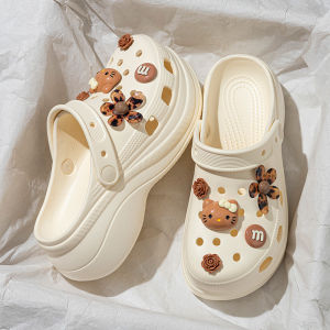 [Free Shipping] Thick-Soled High-Heeled Sandals For Women Perforated Shoes For Outdoor Wear Slip-On Beach Sandals Home Slippers WomenS Closed-Toe Slippers