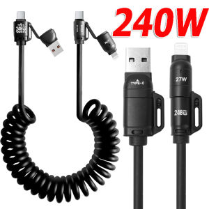 4 in 1 Spring Telescopic Fast Charging USB C To Type C Data Cable USB Micro Car Phone Charger Retractable Coiled Data Transfer Cables Durable Stretchable Charging Wire