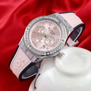 Box Exclusive Jam Tangan Bonia Bulat Permata VA-975SSA /Jam Tangan Fashion Wanita Tali Rubber Diameter 37 cm