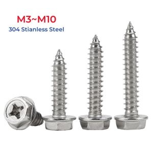 304 Stainless Steel Phillips Cross Recessed Hex Hexagonal Flange Self-Tapping Screws Woodworking M3 M4 M5 M6 M8 M10