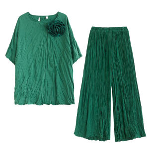 《801》XITAO Loose Folds Floret Two Piece Set Temperament All-match Top Women Summer Casual Irregular Wide Leg Pants HQQ2358