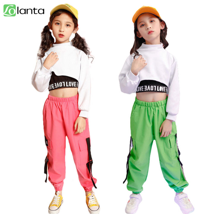 LOlanta Kids White Long Sleeve Crop Tops Clothes Children Green