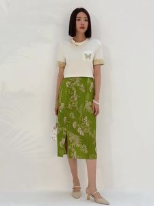 40622 One Size (45-75kg) Pleated Summer WomenS Vintage Printed Elastic Waist Split Buckle Chinese Style Mid-Length Skirt