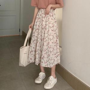 MINOSA Women Flowy Midi Floral Beige Long Skirt A Line Skirts Korean Style Elasticated Waist M-2XL