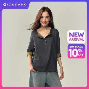 GIORDANO Women T-Shirts Two-Tone Placket Tee Henley Neck Long Sleeve Fashionable Casual Relaxed T-Shirts 18326315
