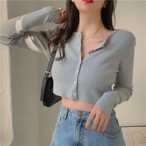 Korean Style Long Sleeve Solid Color Button Front Crop Cardigan