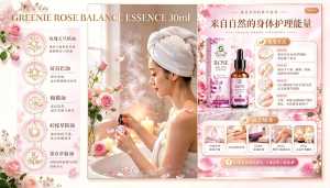 Greenie Rose Balance Essence Botanical Beauty Elixir Brown Glass Bottle with Dropper and Box Packaging - 30ML