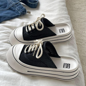 [Free Shipping] 2025 Summer New Canvas Slip-On Shoes For Women Versatile Thick-Soled Casual Mesh Sneakers Breathable Sports Sandals