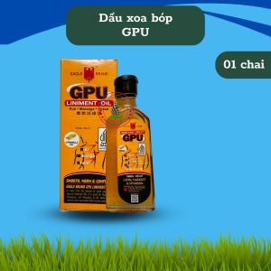 Dầu massage xoa bóp GPU 60ml. Xoa bóp massage thư giãn giúp giảm đau nhức cơ xương khớp. Hương Gừng + Sả thơm dễ chịu.