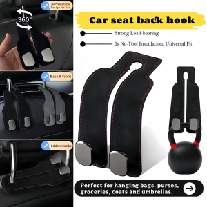 Universal Car Seat Headrest Hanger 2-in-1 Leather Dual Hook Storage Holder for Handbags Shopping Bags & Garments