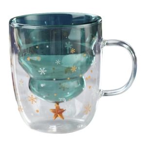 Kirilgu 300ML Lovely Christmas Tree Glass Cup Heat-Resistant Double Wall Glass Cup Z1H5K