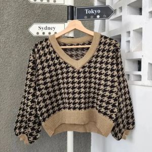 Autumn Sweater Rajut Motif Houndstooth V-Neck Wanita