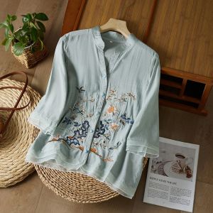 Luckin Áo áo phông thêu cổ điển cho hàng hiệu cho phụ nữ áo áo vải lanh tay ngắn cỡ lỡn cotton cao cấp mới mùa hè 2025