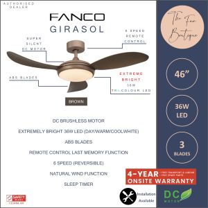 Fanco Girasol 46" DC Motor Ceiling Fan with 36w Super Bright Tri-Colour LED Light and Remote Control