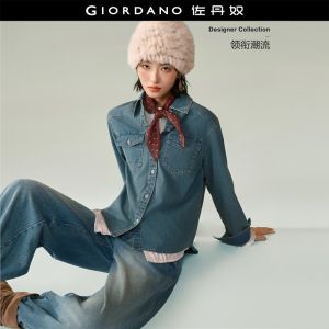 GIORDANO Women Shirts Vintage Yellow-Cast Denim Shirts Flap Pockets Long Sleeve Fashionable Casual Relaxed Shirts 18346827