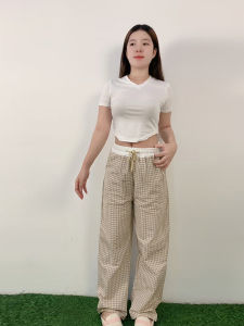 ชุดเซ็ตแฟชั่น เสื้อเข้ารูป+กางเกงลายตาราง ลุคคลาสสิควินเทจ