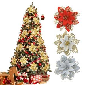 TRADER 10pcs กลิตเตอร์ ดอกไม้ประดิษฐ์ ทนต่อการฉีกขาด คริสต์มาส จี้รูปพวงหรีด ใหม่ แดง เงิน ทอง ของตกแต่งโนเอล ของตกแต่งวันหยุด