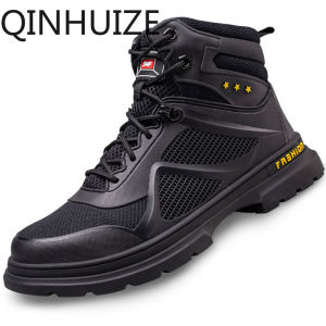 QINHUIZE Fall/winter high-top safety shoes mens anti-smashing anti-piercing steel-toed shoes wear-resistant non-slip lightweight work safety boots