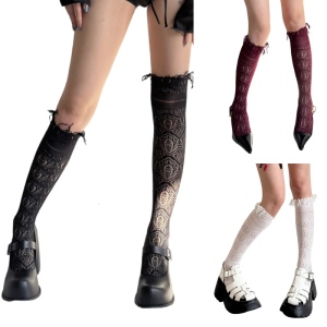 Women Fashionable Over Calf Long Socks with Tassels Hollowout Jacquard Detailing Soft Nylon Elastic Solid Tone Stockings