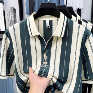QiaoYiLuo Áo polo thêu kẻ sọc cho nam áo polo ngắn tay cổ áo polo thời trang rộng thùng thình áo polo doanh nhân đơn giản