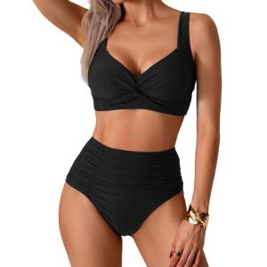 Women Knotted Swimsuit High Waist Tummy Controlled Bathing Suit Stylish Ruched Swimwears Ladies Padded Swimming Costume